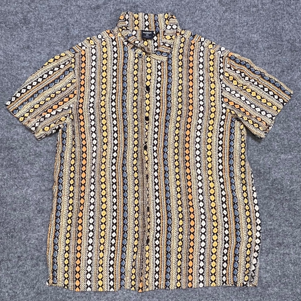 PacSun Button Down Shirt Mens M Yellow Geometric Tribal Sustainable Rayon